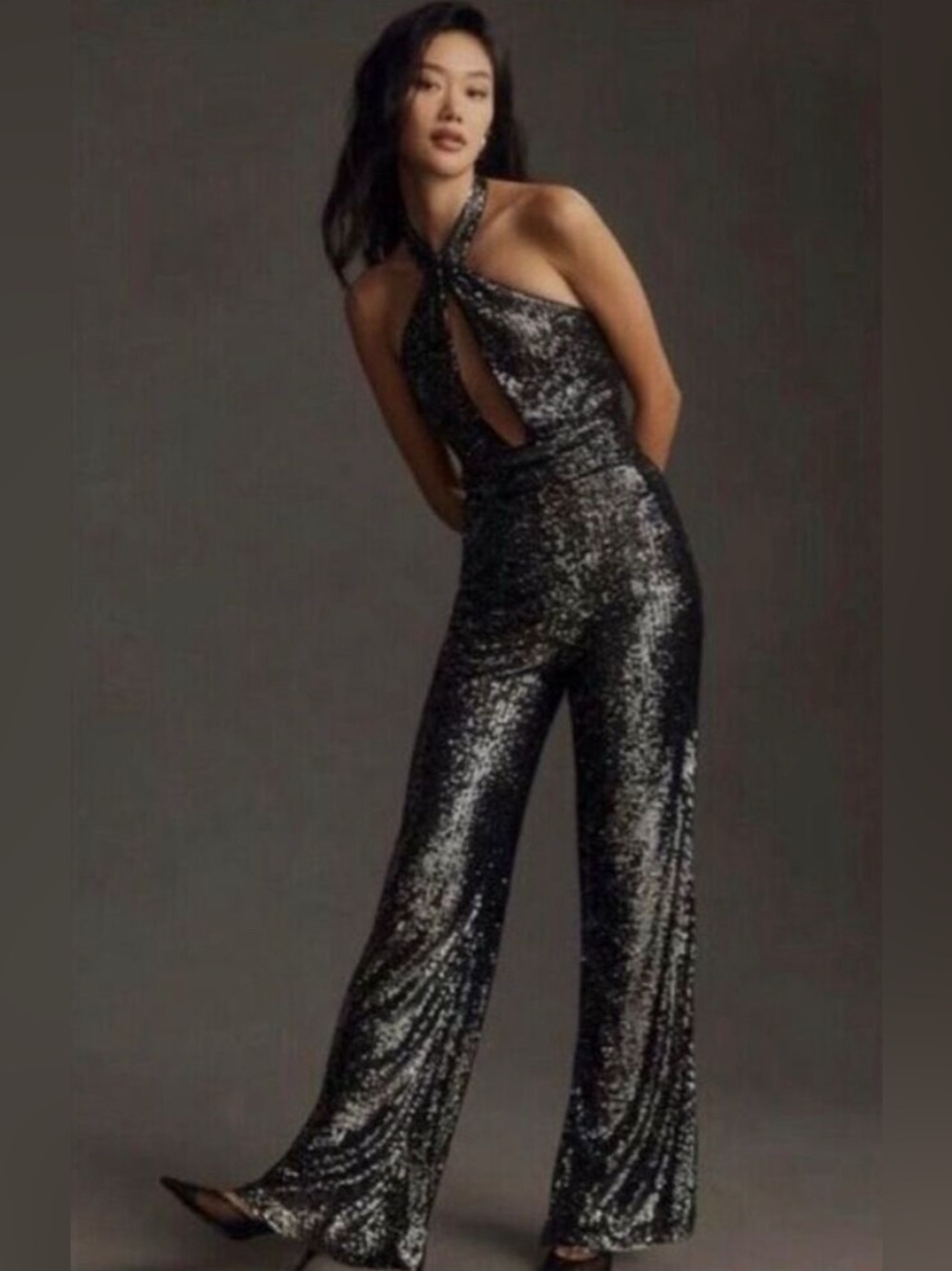 NWT Anthropologie Sequin Jumpsuit Black Silver Sequin Halter Wide Leg Size 16